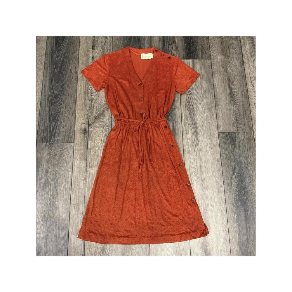 Vintage Fredericks of Hollywood Burnt Orange Suede-Look V-Neck Belted Dress 9